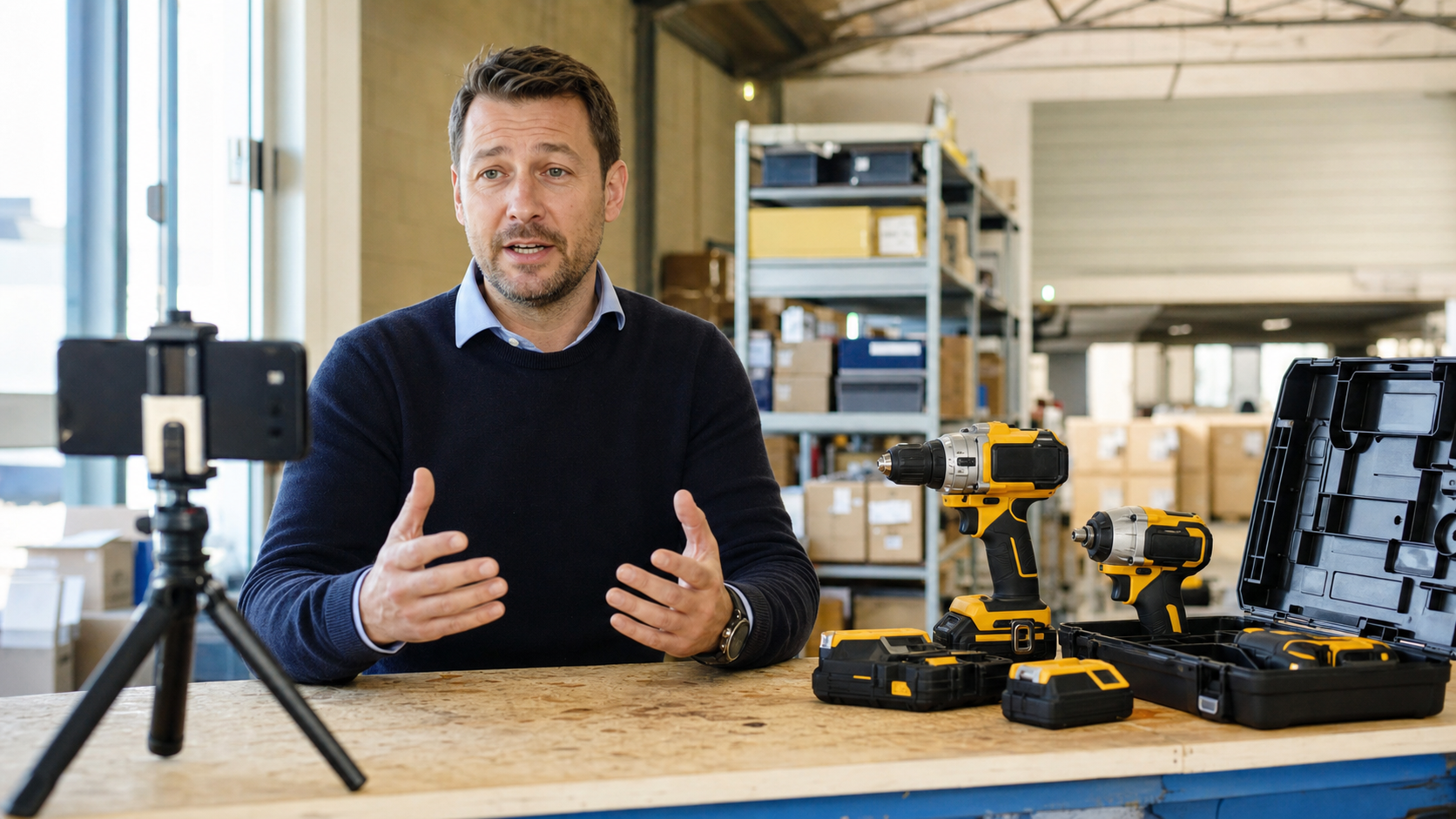 Customer recording a VoltForge cordless tool video testimonial