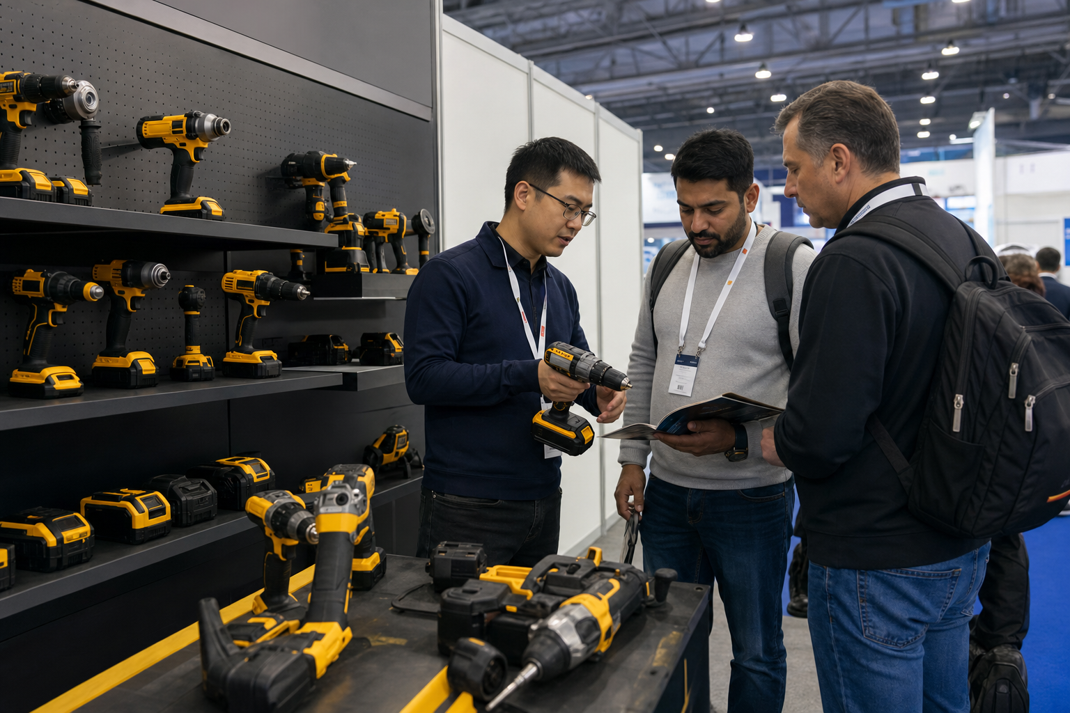 Trade fair booth with cordless tool samples and buyers